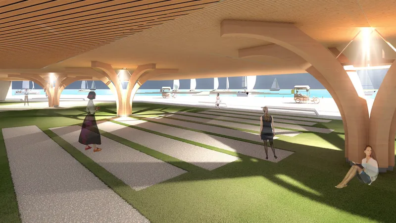 Shaded waterfront landscape using timber canopies and passive cooling strategies inspired by vernacular architecture.