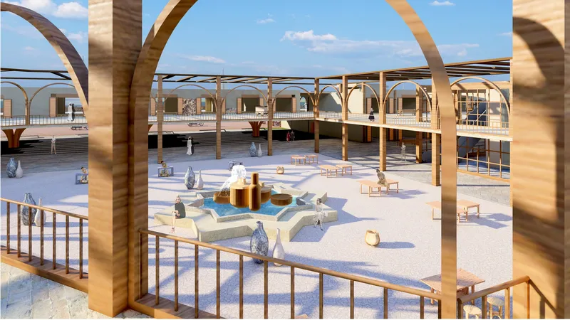 Elevated public court overlooking interactive gathering spaces connected to the Red Sea waterfront.