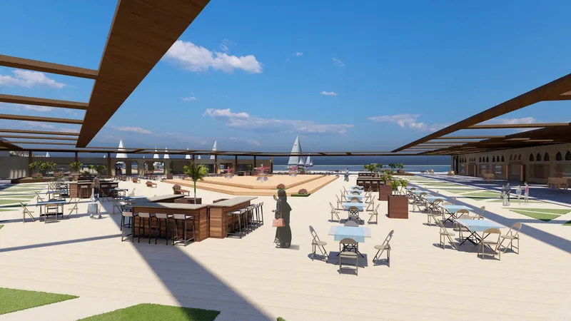 Entertainment terrace designed as a flexible social platform for dining, performances, and waterfront experiences.