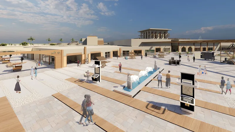 Open public plaza designed to merge retail, culture, and social interaction within a climate-responsive environment.