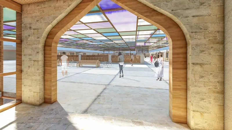 Traditional archways reinterpret local architectural heritage through contemporary commercial design.