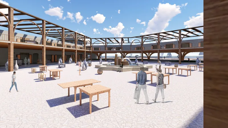 Central courtyard activates community gathering through shaded walkways, water features, and open circulation.