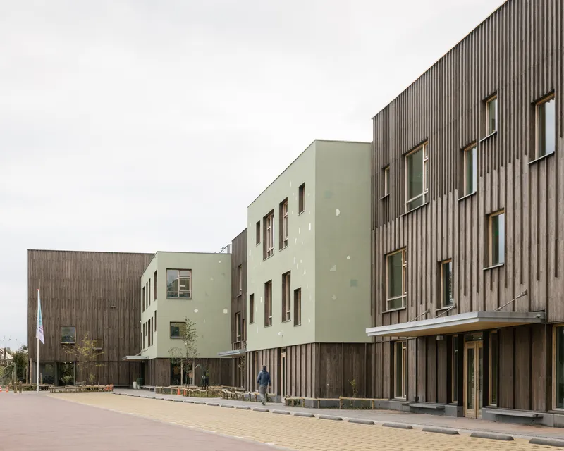 Street view showing the junction of pale green rendered volumes and vertical timber-clad blocks under overcast sky