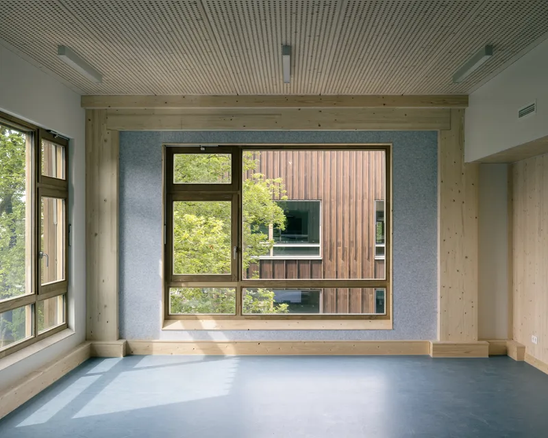 Empty room with blue felt wall and stepped timber platform overlooking a courtyard with green trees