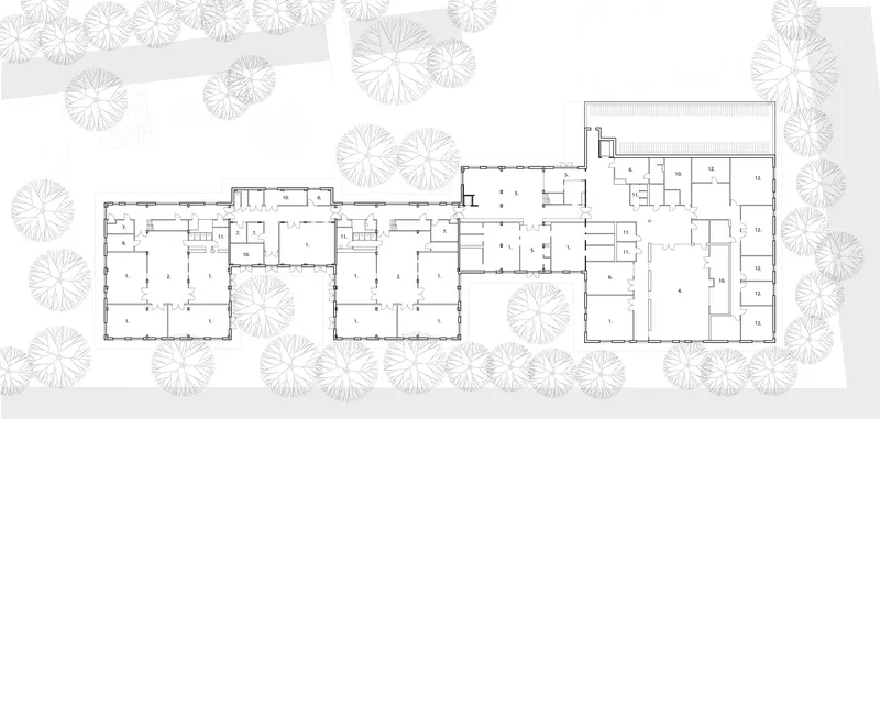 Floor plan drawing showing three connected building volumes with surrounding tree canopy symbols