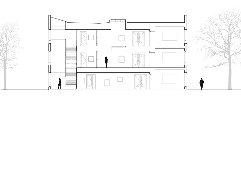 Section drawing showing a three-story structure with exterior staircase and silhouetted figures