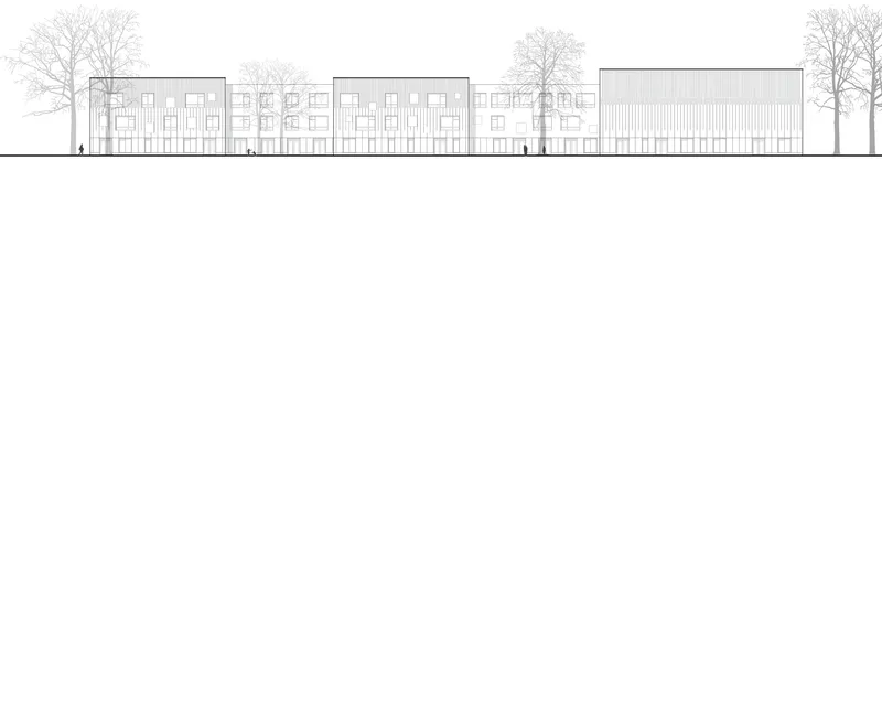 Elevation drawing showing a low-rise complex with varying facade treatments and bare winter trees