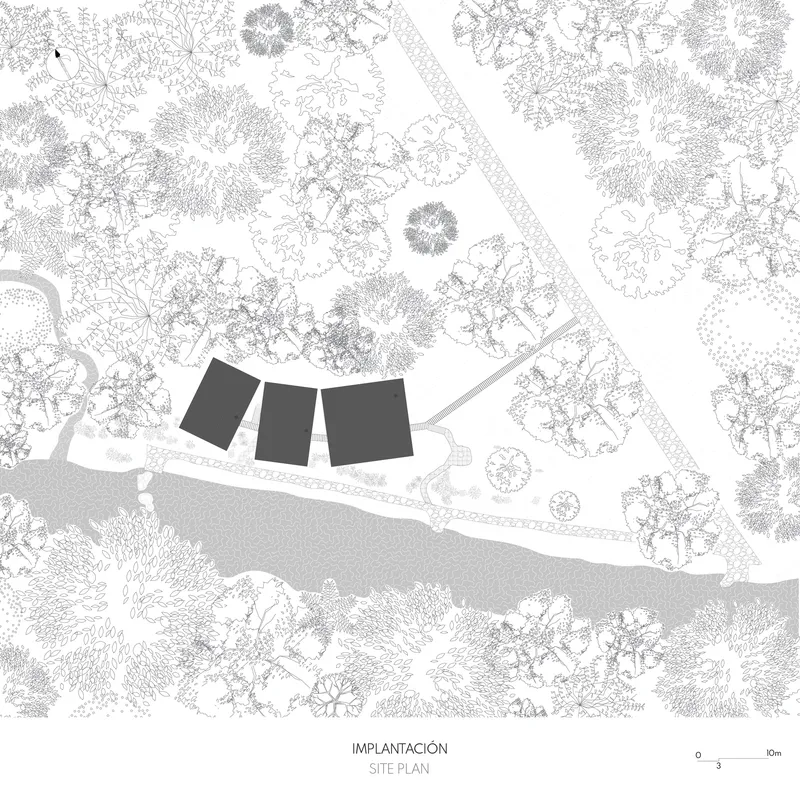 Site plan drawing showing three rectangular volumes positioned among trees near a curved shoreline