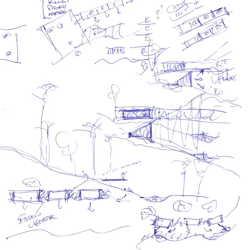 Pen sketch exploring spatial relationships between platforms, slopes, and terraced volumes with handwritten notes