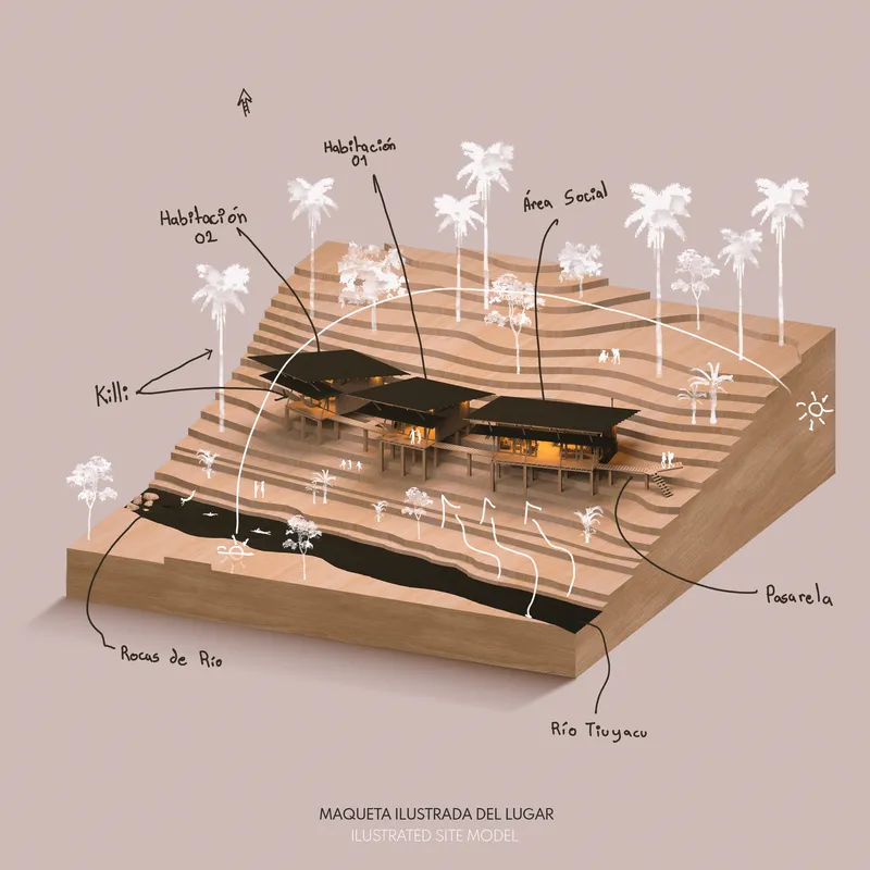 Illustrated physical site model showing layered timber platforms with palm trees and a river below