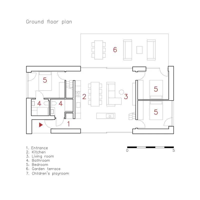 Ground floor plan drawing showing entrance, kitchen, living spaces and three bedrooms around central core