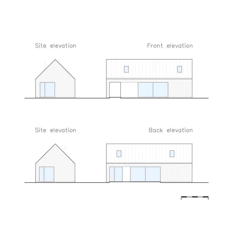 Elevation drawings showing front, back, and site views with pitched roof and flat roof volumes