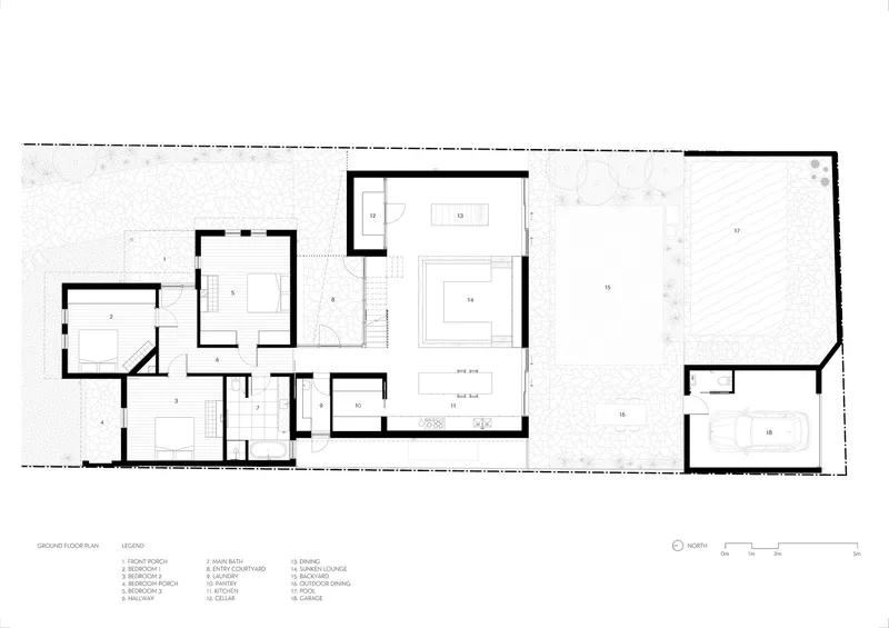 Ground floor plan drawing showing living areas, bedrooms, and a large open courtyard or deck