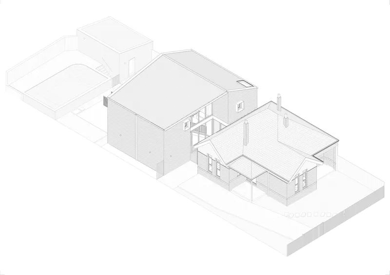 Axonometric drawing showing clustered gabled volumes with cladding and connecting glazed passages