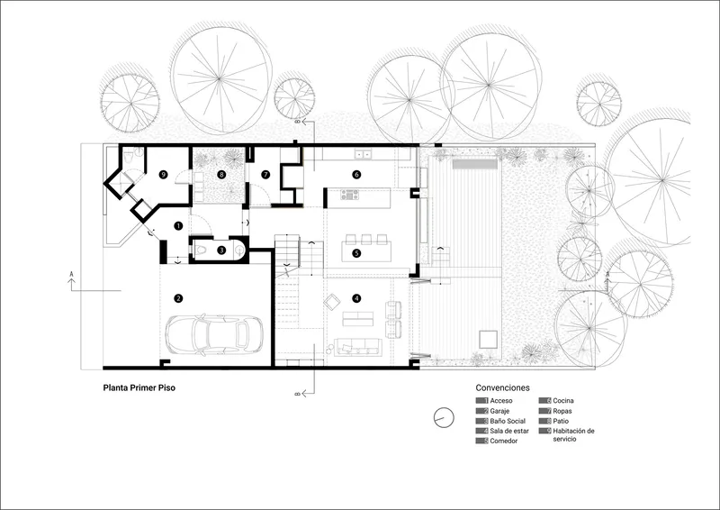 Floor plan drawing showing garage, living spaces, and outdoor terrace with tree canopies