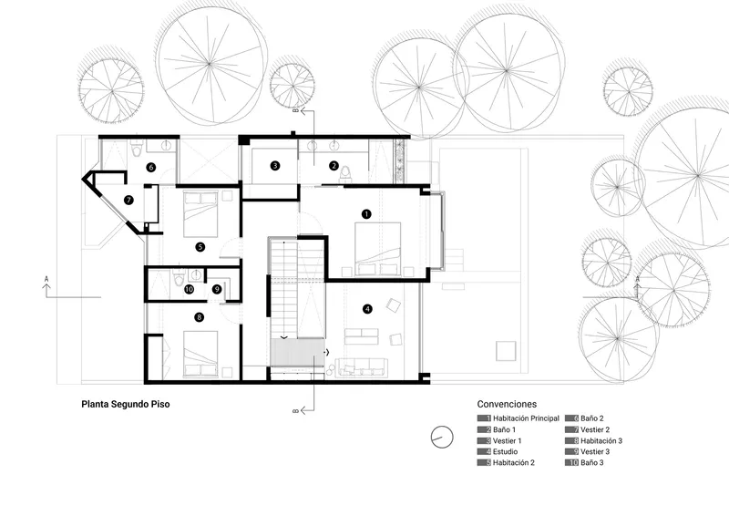 Floor plan drawing showing bedroom suites clustered around a central staircase with umbrella-like tree symbols outside