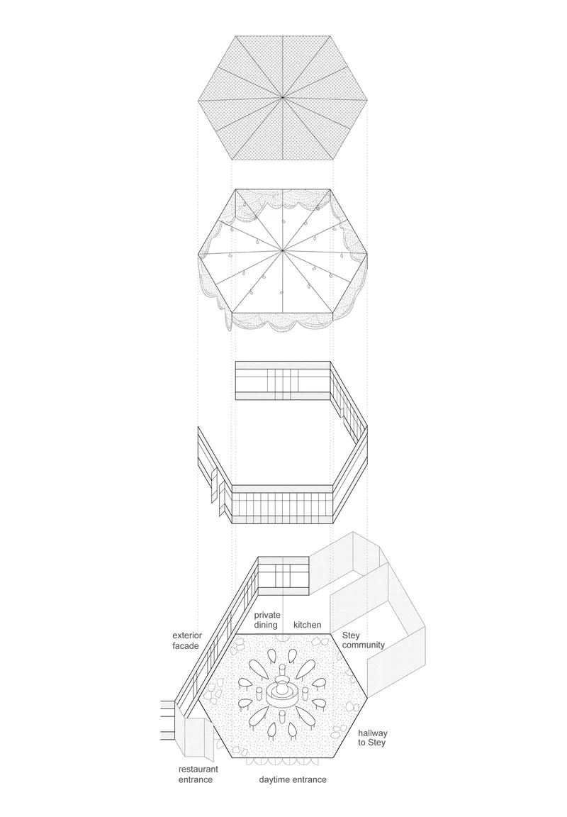 Exploded axonometric drawing showing four vertical levels of a hexagonal pavilion with central radial pattern
