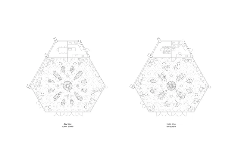 Floor plan drawings comparing daytime and nighttime layouts of a hexagonal space with radial seating arrangement