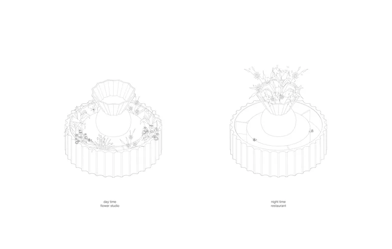 Isometric drawings of circular planter installations with scalloped edges shown in day and night configurations