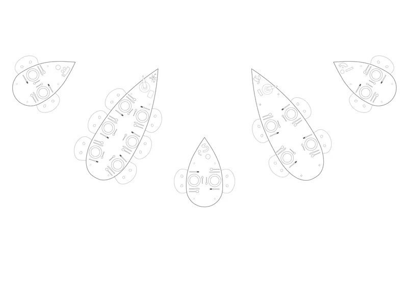 Line drawing showing five rocket-shaped floor plans with circular side pods at various scales