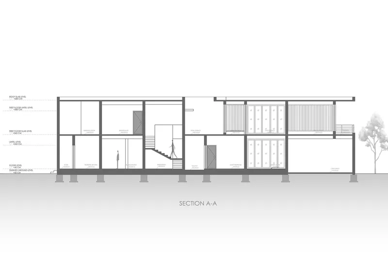 Section drawing through the two-story residence showing spatial relationships and vertical timber screening