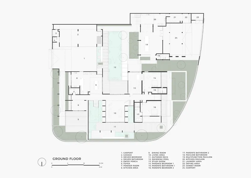 Ground floor plan showing the layout of rooms around a central swimming pool and outdoor deck