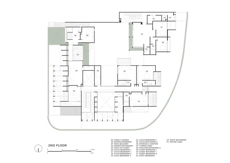 Second floor plan drawing depicting bedroom clusters arranged around a double-height void and balcony