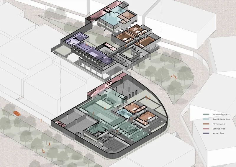 Axonometric drawing of the two-story residence showing zoned areas around courtyards with trees and figures
