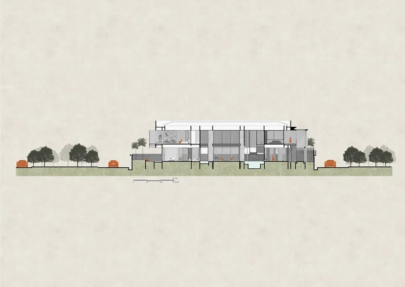 Longitudinal section drawing showing the three-story structure with interior spaces and adjacent context buildings and trees
