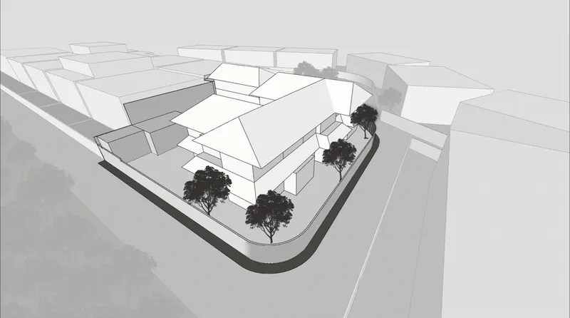 Axonometric drawing showing a residential cluster with courtyards and a row of trees along the street edge