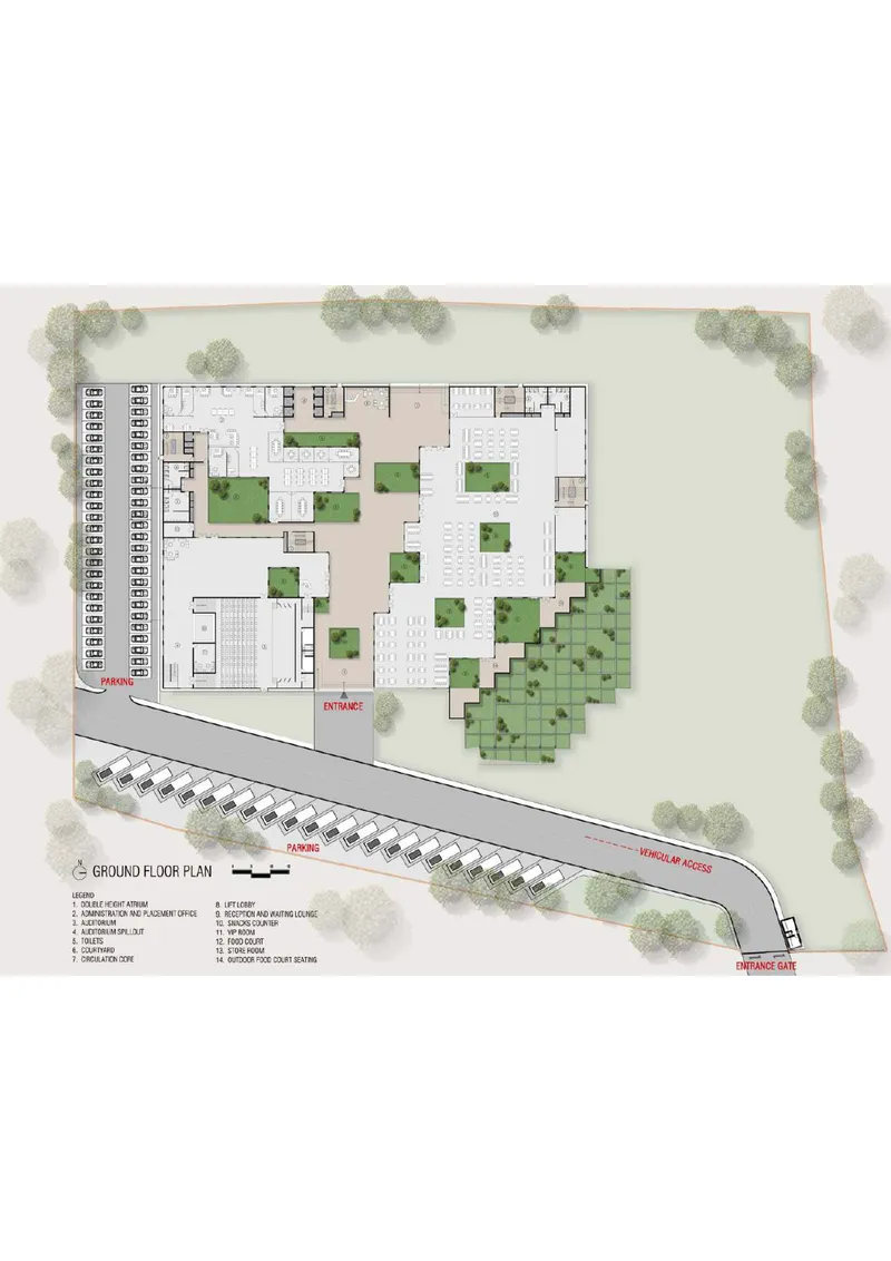Ground floor plan with stepped terraces and green courtyards adjacent to tree-lined street