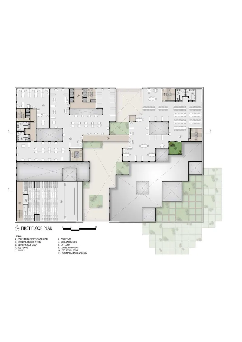 First floor plan showing classrooms and planted courtyards extending into pixelated landscape grid