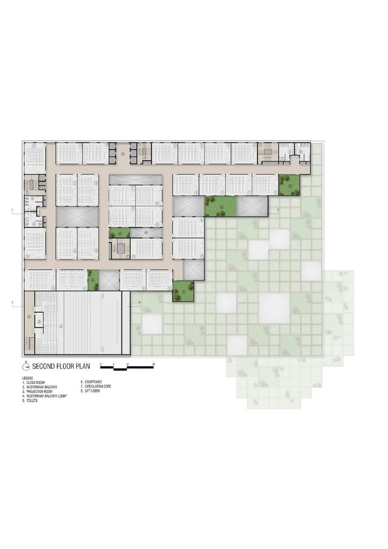 Second floor plan with classrooms arranged around internal courtyards and exterior stepped terrace landscape