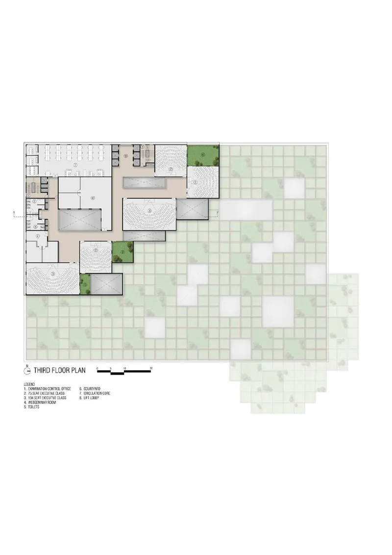 Third floor plan showing reduced building footprint with stepped terraces and grid landscape pattern