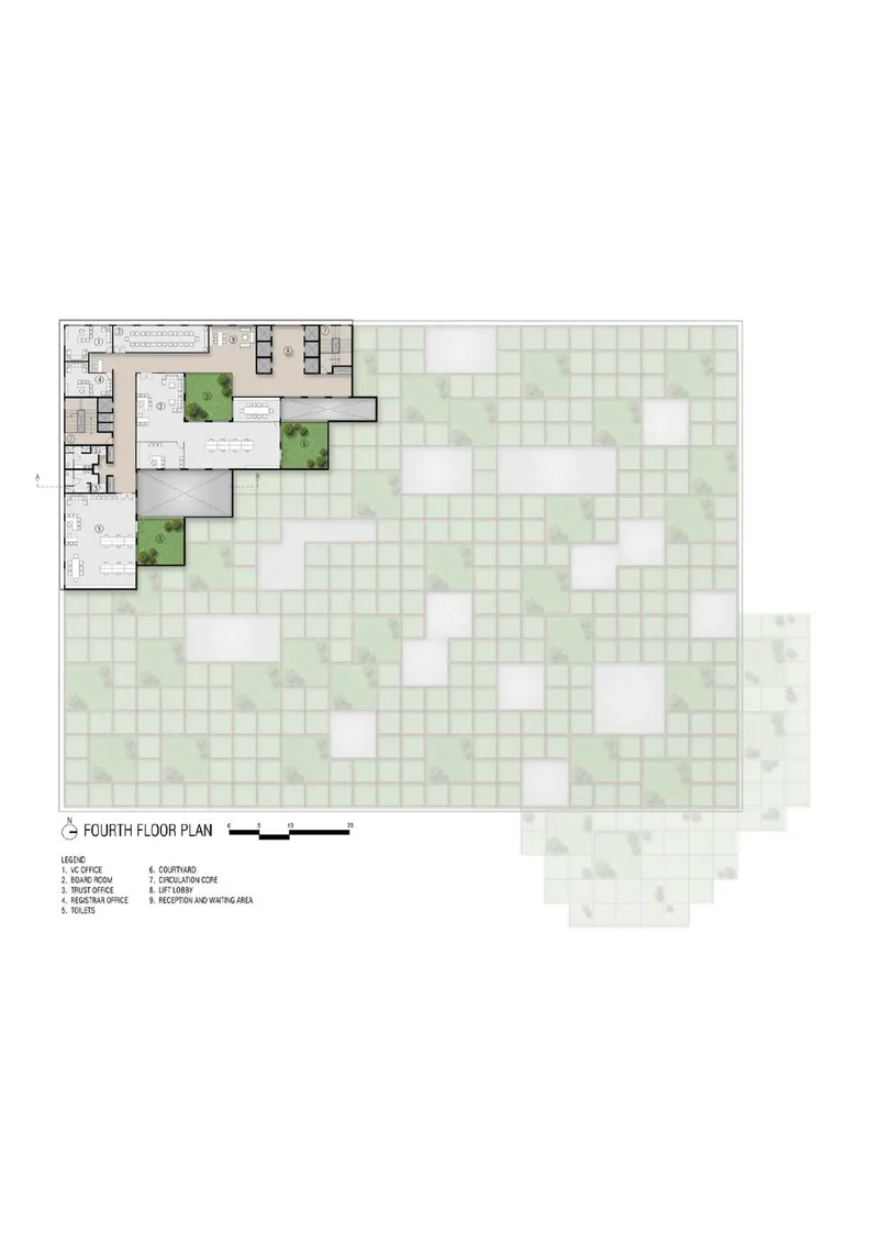 Fourth floor plan with minimal interior spaces and extensive terraced grid landscape extending outward