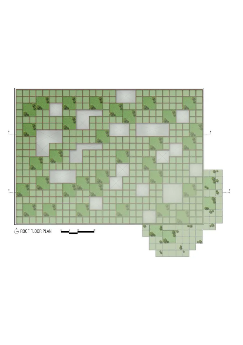 Roof floor plan drawing showing a green tiled grid with white voids and scattered trees
