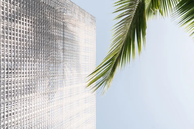 Corner of the perforated screen facade against pale sky with a palm frond in the foreground