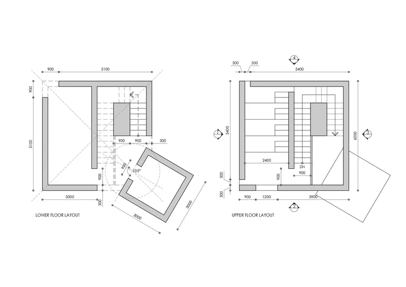 Floor plan drawings showing lower and upper level layouts with central staircase and angled volumes