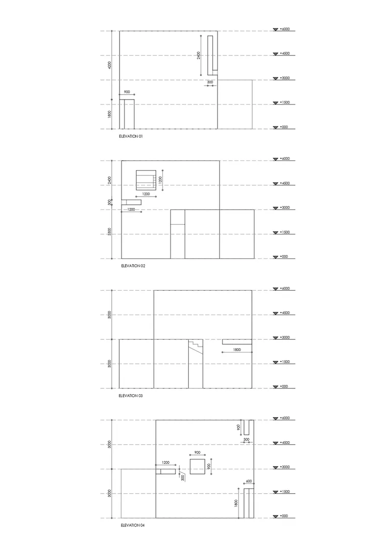 Elevation drawings showing four facade configurations with window openings and height datum lines