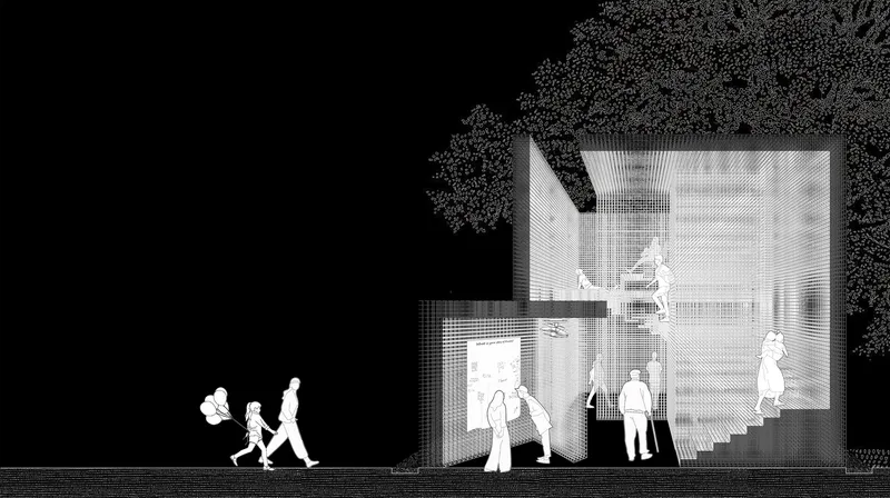 Section drawing in black and white depicting interior spaces with figures and surrounding tree canopy