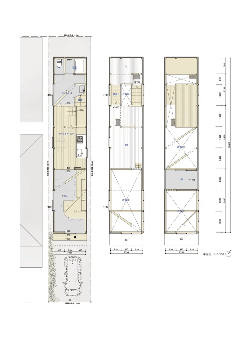 Floor plan drawing showing three levels of a narrow linear house with diagonal stair geometry