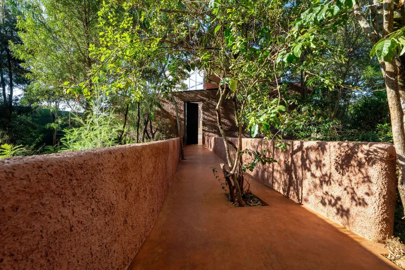 Curving pathway between textured red earth walls with dappled sunlight filtering through overhead trees