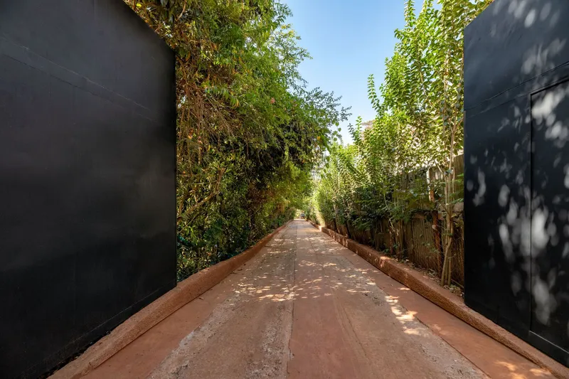 Covered walkway with rammed earth paving flanked by dark walls and overhead climbing vegetation in dappled sunlight