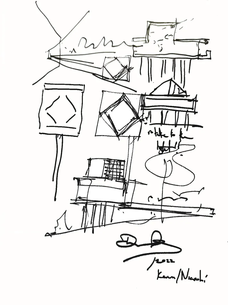 Sketch elevation showing stacked volumes with balconies and rotated elements connected by vertical circulation