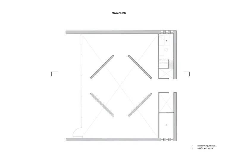 Mezzanine floor plan showing sleeping quarters and diagonal structural elements framing a central void