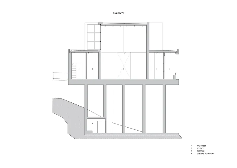 Section drawing revealing sunken lower level with stair and stacked upper volumes including terrace
