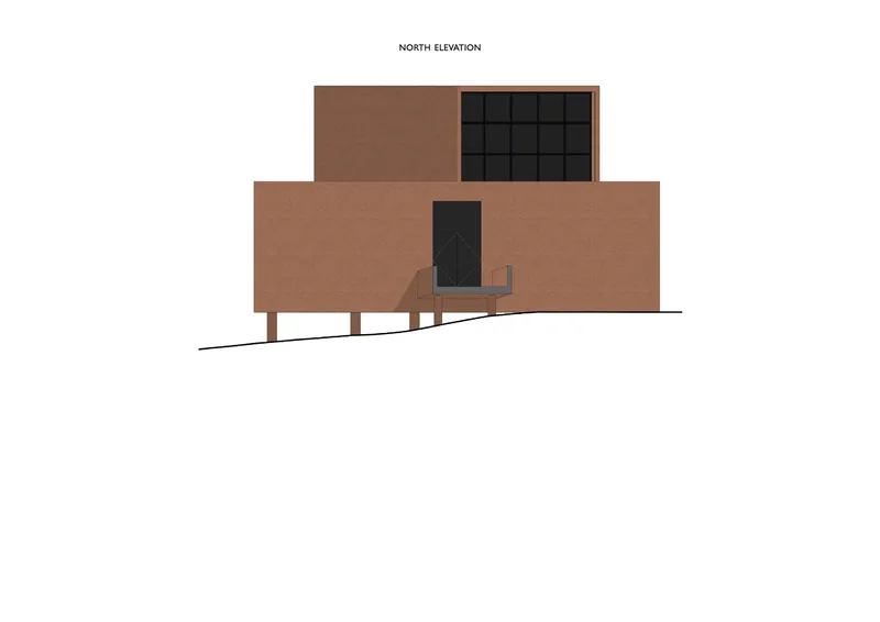 North elevation drawing showing stacked volumes on slender columns and a gridded window panel