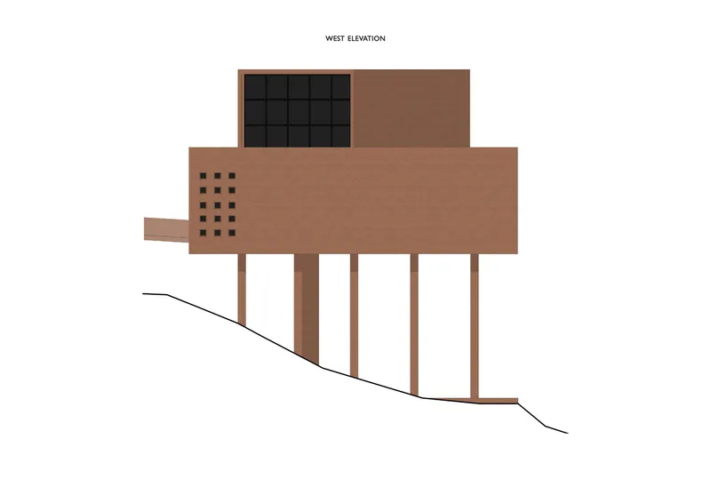 West elevation drawing depicting the structure on a sloped site with vertical window grid