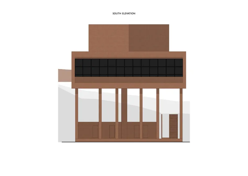 South elevation drawing featuring a long horizontal window ribbon and glazed lower level
