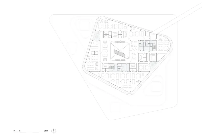 Floor plan drawing showing triangular layout with office spaces and central circulation core